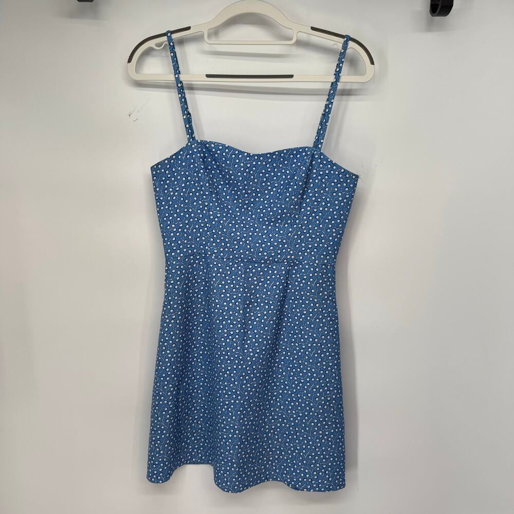 French Connection Elao Ditsy Print Mini Dress Womens Sz 2 Blue Square Neck Strap
